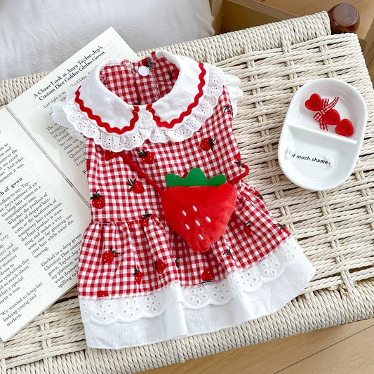 Strawberry Plaid Dog Dress – Cute Summer & Spring Apparel for Small Pets