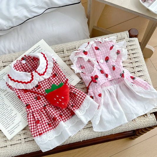 Strawberry Plaid Dog Dress – Cute Summer & Spring Apparel for Small Pets